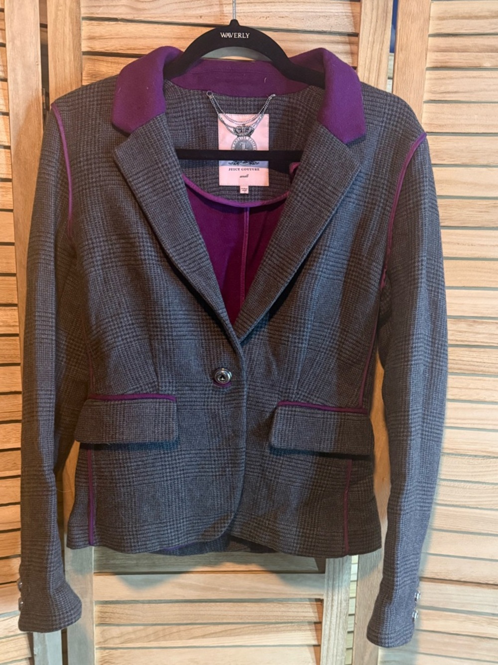 JUICY COUTURE Gray Plaid Blazer with Purple Trim